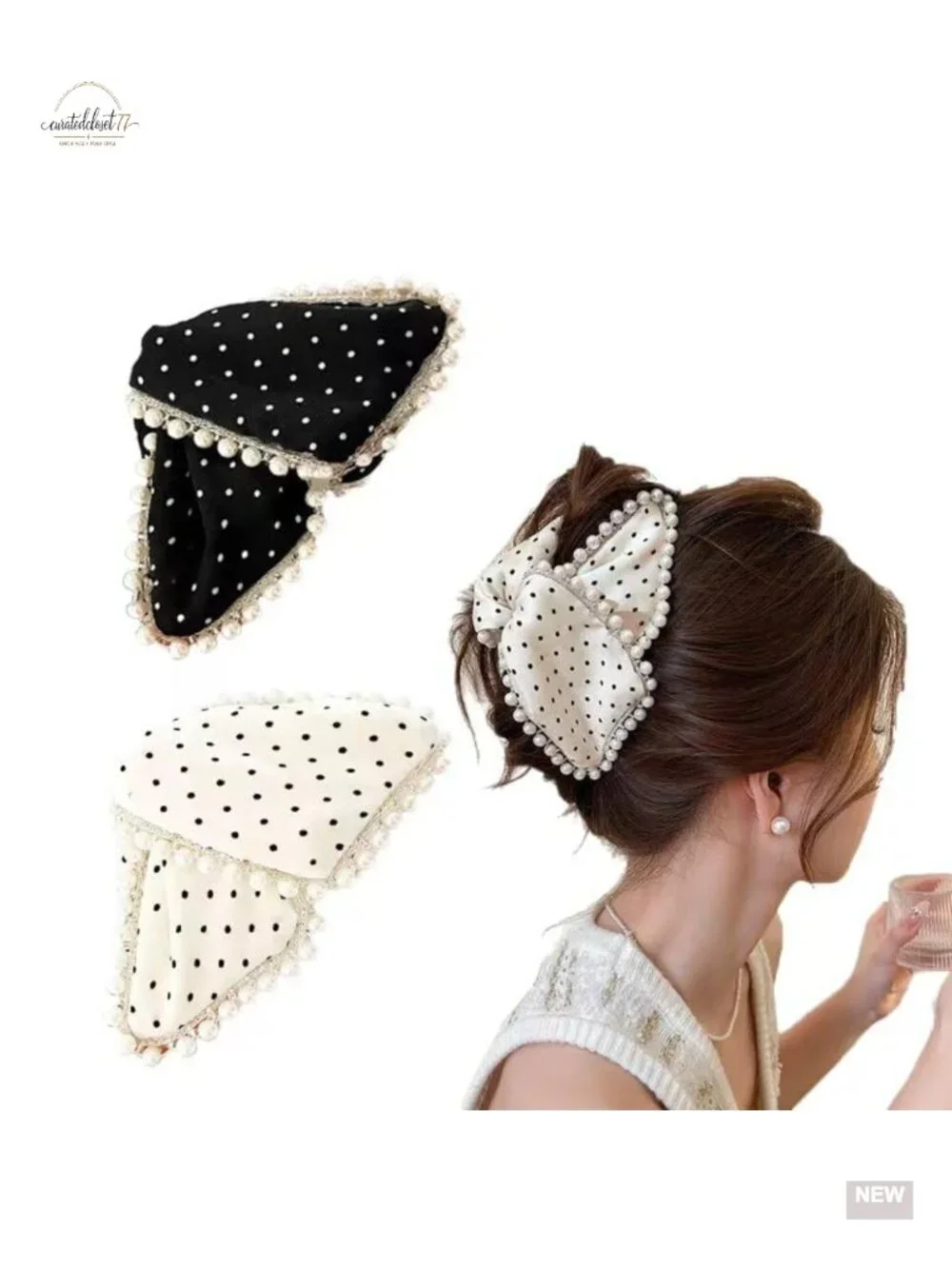 Hair Claw Clips with Pearl Trim, Large and Small, 2 Piece Set for Thick and